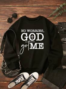 INAWLY Plus Slogan Graphic Drop Shoulder Sweatshirt, For Winter Pullover Fall Autumn - Black - View 5