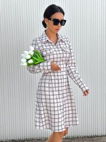 GENKIRA 格紋印花翻蓋細節襯衫洋裝 - 杏色 - 查看 4