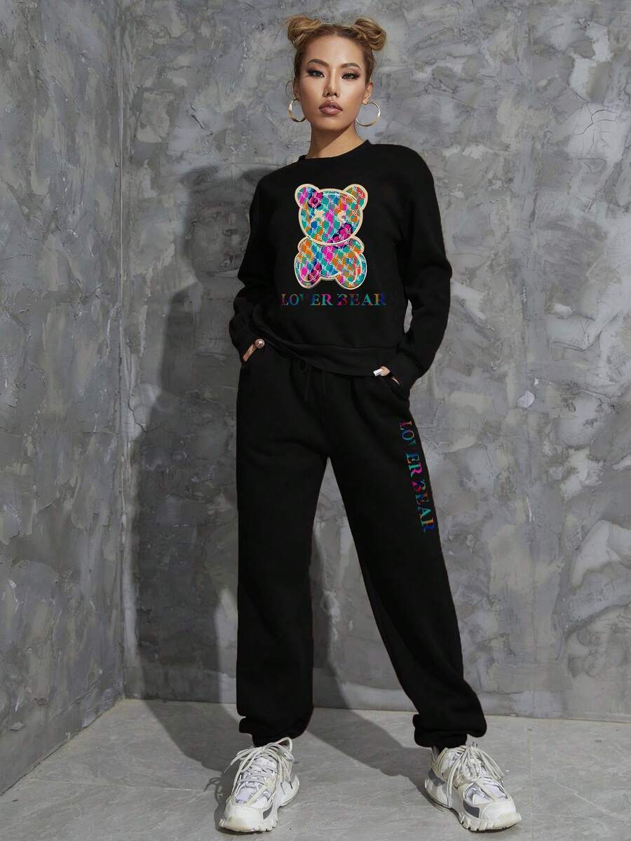 SHEIN EZwear 熊和字母圖案落肩袖衛衣和衛褲 - 黑色 - 查看 1