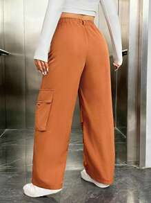 SHEIN EZwear Plus Size Elastic Waist Loose Fit Cargo Pants With Slanted Pockets - Brown - View 2