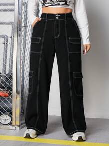 SHEIN ICON Plus High Waist Top-Stitching Flap Pocket Side Cargo Boyfriend Jeans - Black - View 1