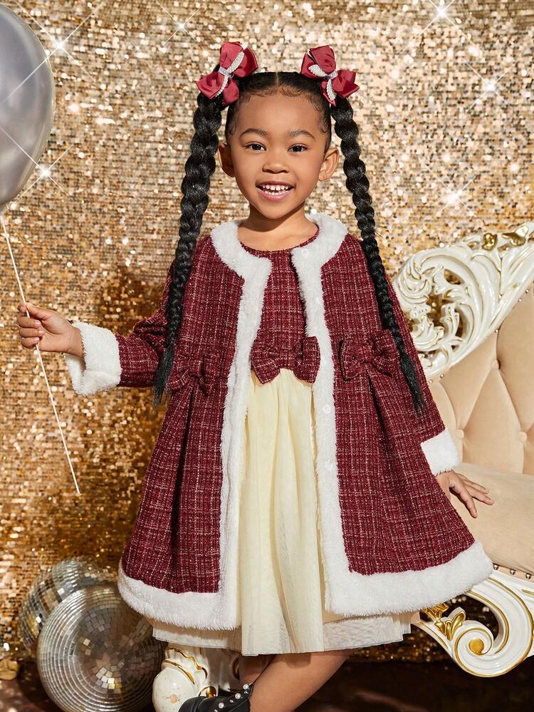 Young Girl Plaid Print Bow Front Mesh Hem Dress & Fuzzy Trim Coat