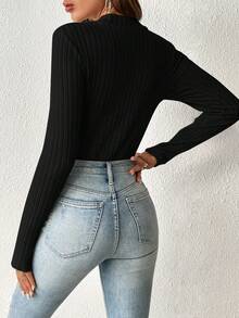 SHEIN Frenchy 純色肋紋針織連身衣 - 黑色 - 查看 2