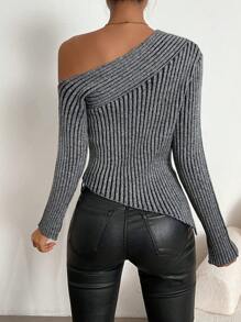 SHEIN Privé 不對稱領開叉邊套頭毛衣 - 灰色 - 查看 2