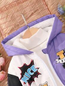 SHEIN Cô Gái Trẻ Đồ họa Chữ cái Khối màu Lót Teddy Áo trùm đầu Không có áo len - Màu tím - Xem 4