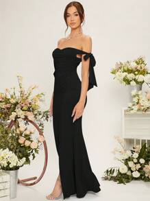 SHEIN Belle Váy phù dâu trễ vai xẻ tà bên đùi xếp nếp màu đen thanh lịch trang trọng dự tiệc tối cho khách dự tiệc cưới, tốt nghiệp, váy dự tiệc tối - màu đen - Xem 5