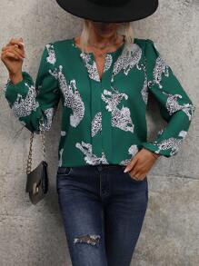 SHEIN LUNE Leopard Print Notched Neckline Lantern Sleeve Blouse - Multicolor - View 5