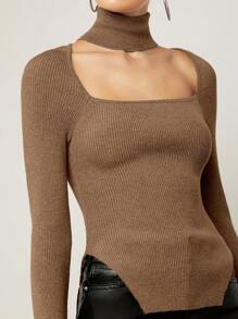 SHEIN Privé Solid Choker Neck Asymmetrical Hem Sweater - Khaki - View 5