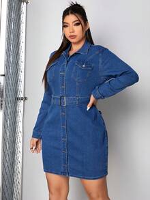 SHEIN ICON Plus Size Denim Belted Dress - Medium Wash - View 4