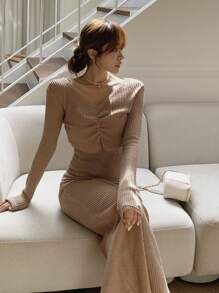 DAZY 纯色罗纹针织 T 恤和修身连衣裙，女士两件套，秋季女装 - 卡其色 - 查看 5
