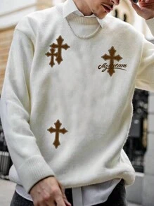 Suéter De Hombre Con Estampado De Cruz Y Letra - Blanco - Ver 1