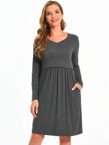 Maternity Solid Nursing Dress - Dark Grey - View 5