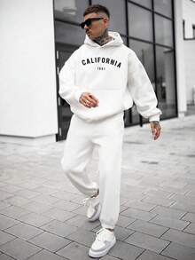 男士字母圖案袋鼠口袋連帽衫 - 白色 - 查看 4