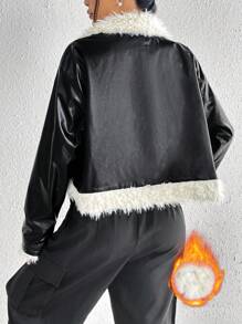 SHEIN EZwear Cazadora de peluche forro de hombros caídos - Blanco y Negro - Ver 2