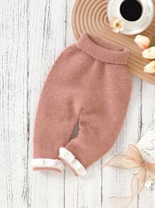 Baby Girl Contrast Ruffle Trim Knit Pants - Pink - View 1