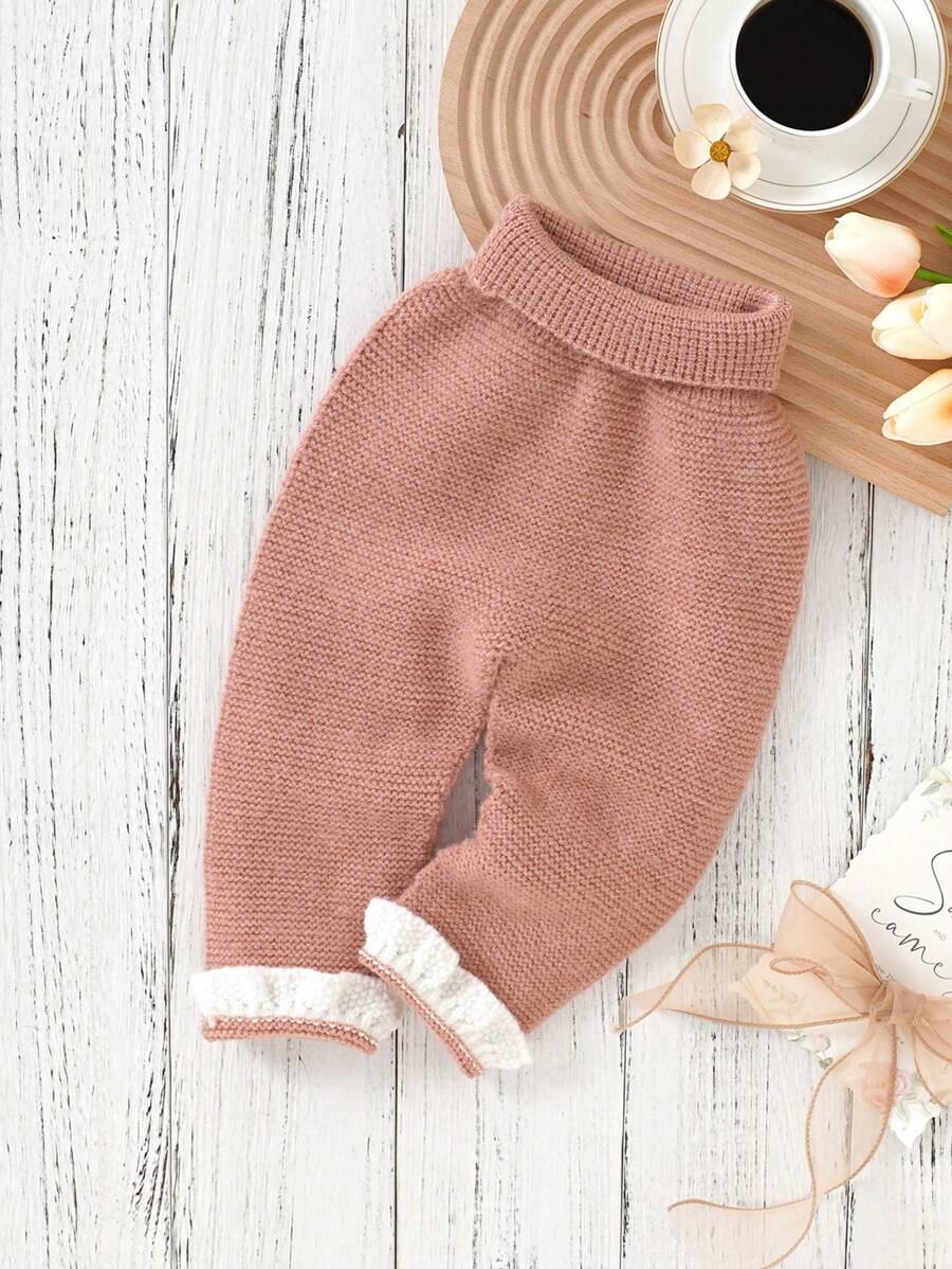 Baby Girl Contrast Ruffle Trim Knit Pants - Pink - View 1