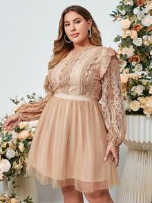 Plus Size Women's Summer New Elegant Mini Mesh Dress, Delicate Lace Patchwork A-Line Flare Hem Dress, Suitable For Wedding, Party, Birthday Spring - Champagne - View 2