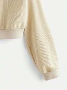 SHEIN EZwear 素色落肩袖條紋針織短款運動衫 - 杏色 - 查看 3