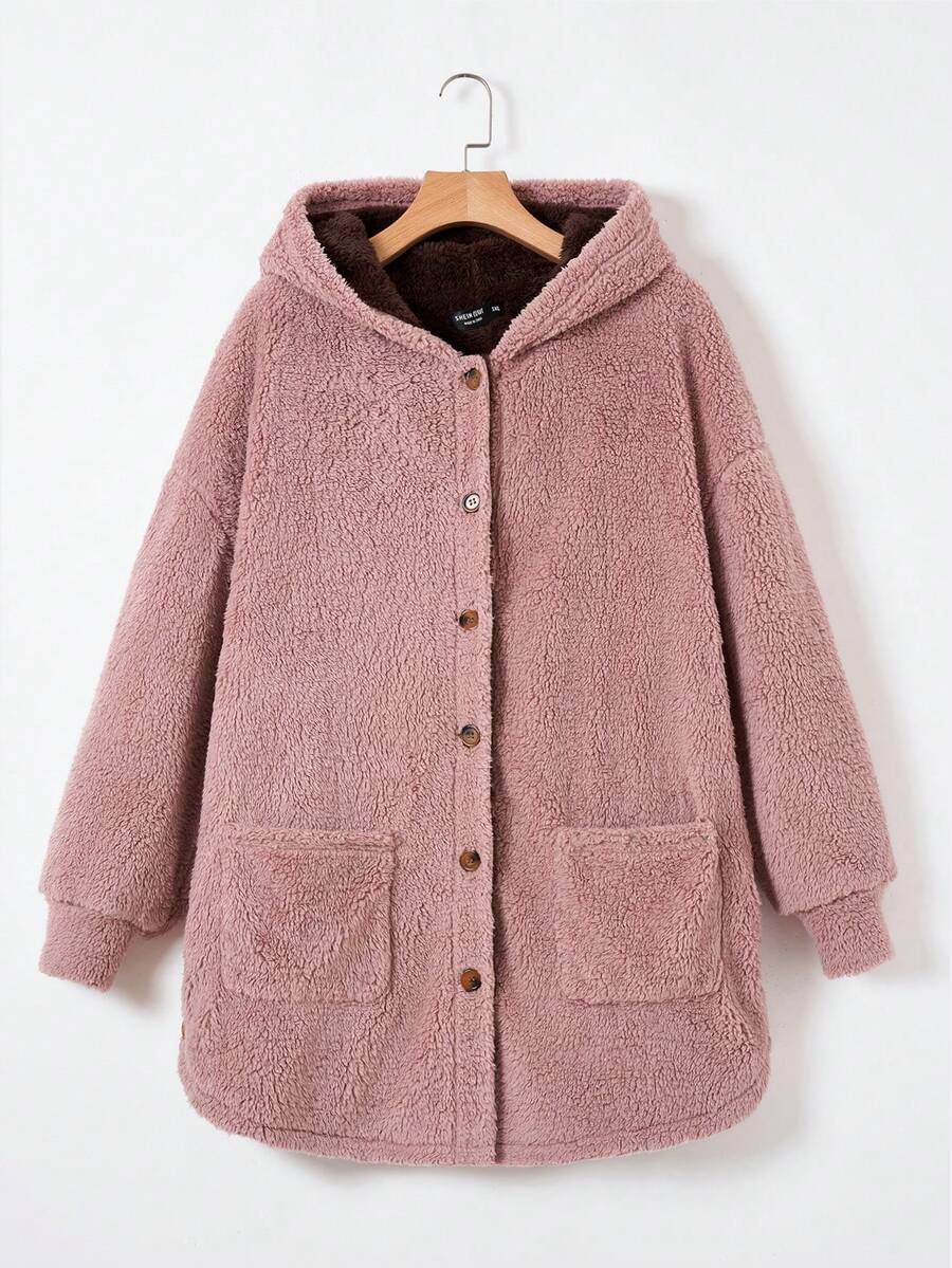 SHEIN LUNE Hơn Túi Kép Thả vai áo có mũ Áo khoác Teddy - Nhiều màu - Xem 1