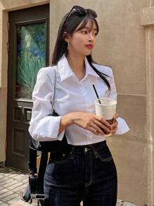 DAZY 女士商务休闲纯色长袖衬衫，适合秋季，长袖上衣，学院风上衣，秋季女装 - 白色 - 查看 3