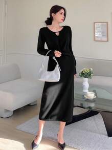 Dazy Star Solid Keyhole Neck Sweater Dress - Black - View 1