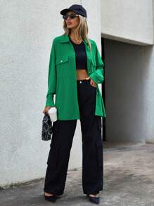 SHEIN Essnce Bolso Com Aba Camiseta Ombro Caído - Verde - Ver 5