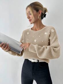 Women's Faux Pearl Flower Decor Drop Shoulder Sweater - Beige - View 3