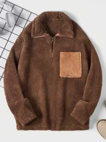 SHEIN Cottnline Men Contrast Panel Patched Pocket Fuzzy Sweatshirt - Camel - View 1