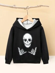 男童頭骨圖案長袖帽t衫,秋冬季節 - 黑色 - 查看 1
