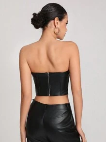 GOLDENLINE Letter Graphic PU Leather Tube Top - Black - View 2