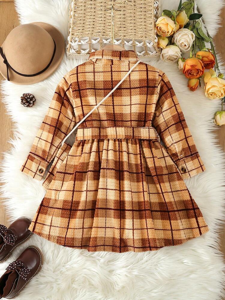 Young Girl Plaid Print Belted Shirt Dress