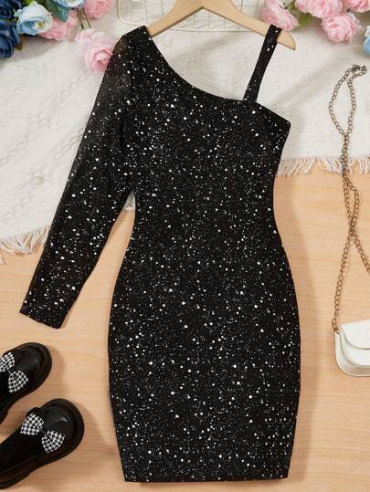 Sparklyn Tween Girl Asymmetrical Neck Dalmatian Dress