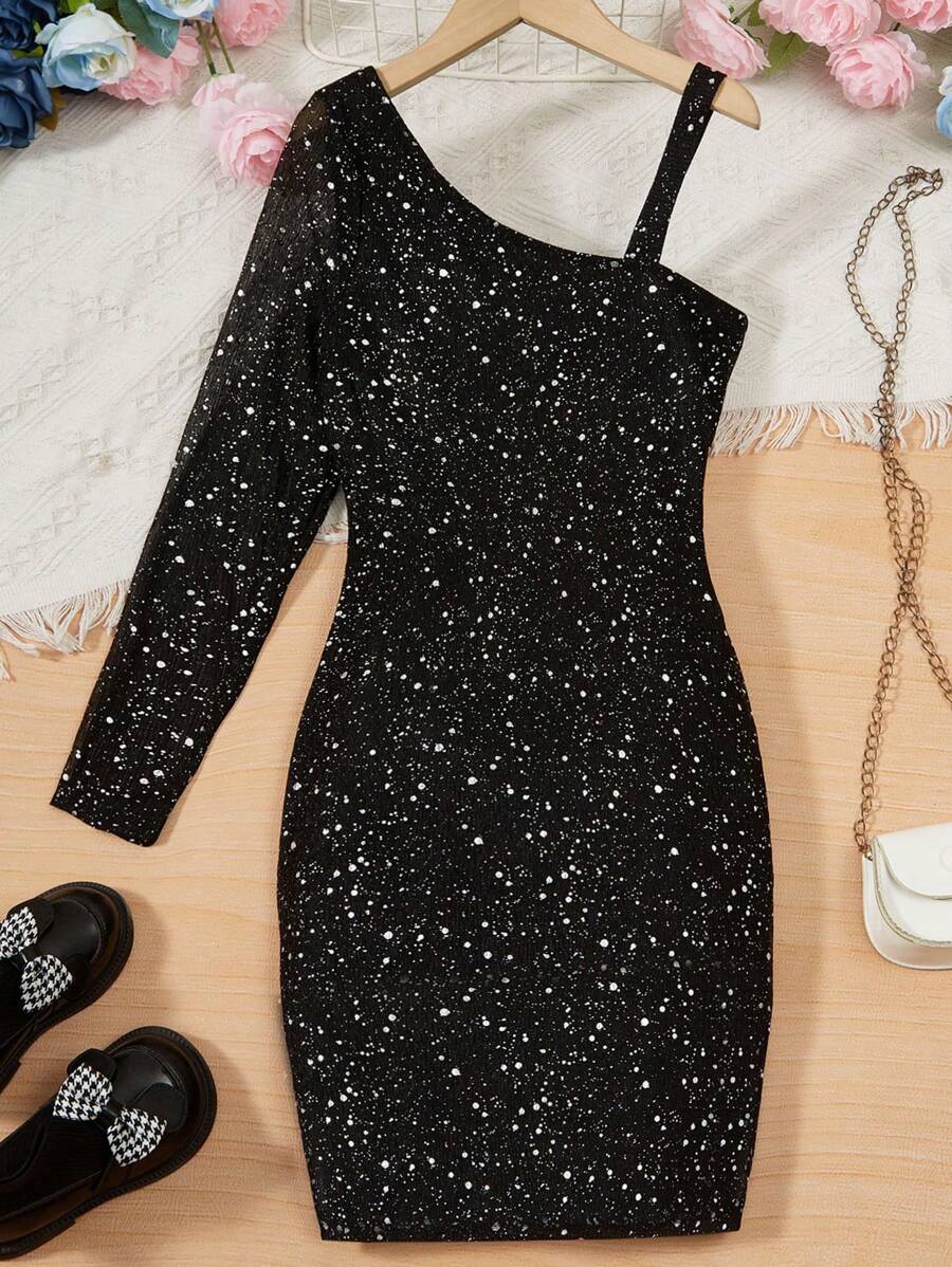 Sparklyn Tween Girl Asymmetrical Neck Dalmatian Dress - Black - View 1