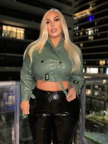 SHEIN SXY 大碼西裝領金屬扣環腰帶短款風衣外套 - 軍綠色 - 查看 1