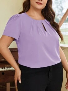 SHEIN Clasi 大碼鎖眼領口拼接細節泡泡袖上衣 - 淡紫色 - 查看 3