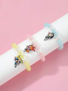The Powerpuff Girls | ROMWE 3入組卡通女孩吊墜串珠手鏈 - 彩色 - 查看 1