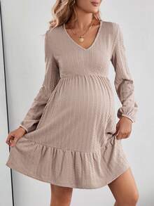 荷葉邊和紋理面料孕婦裝連衣裙 - 卡其色 - 查看 4
