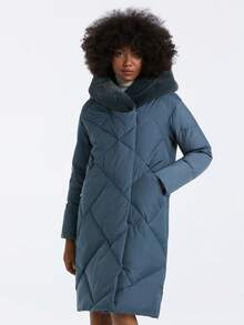 Abrigo acolchado con capucha y adorno de pelo rizado - Azul - Ver 5