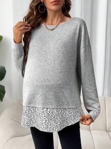 SHEIN Maternity Ditsy Floral Print Button Split Back Drop Shoulder 2 in 1 Tee - Grey - View 5