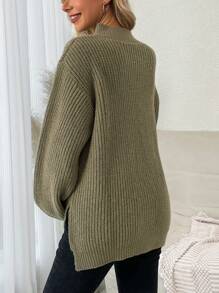 SHEIN Maternity Half Zip Drop Shoulder Split Hem Ribbed Knit Sweater, For Winter - Brown - View 2