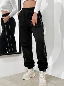 SHEIN LUNE 对比滚边斜口袋裤 - 黑色 - 查看 3