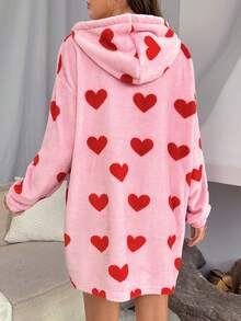 愛心圖案落肩袖連帽法蘭絨睡裙 - 藕粉色 - 查看 2