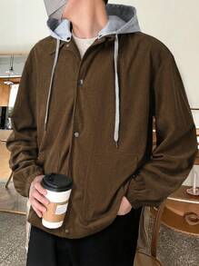 Manfinity Homme 男士寬鬆版對比色連帽外套,採用鈕扣設計 - 棕色 - 查看 4