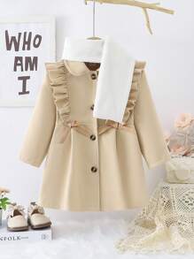 SHEIN 女小童荷葉邊前蝴蝶結花呢外套&圍巾 - 卡其色 - 查看 1