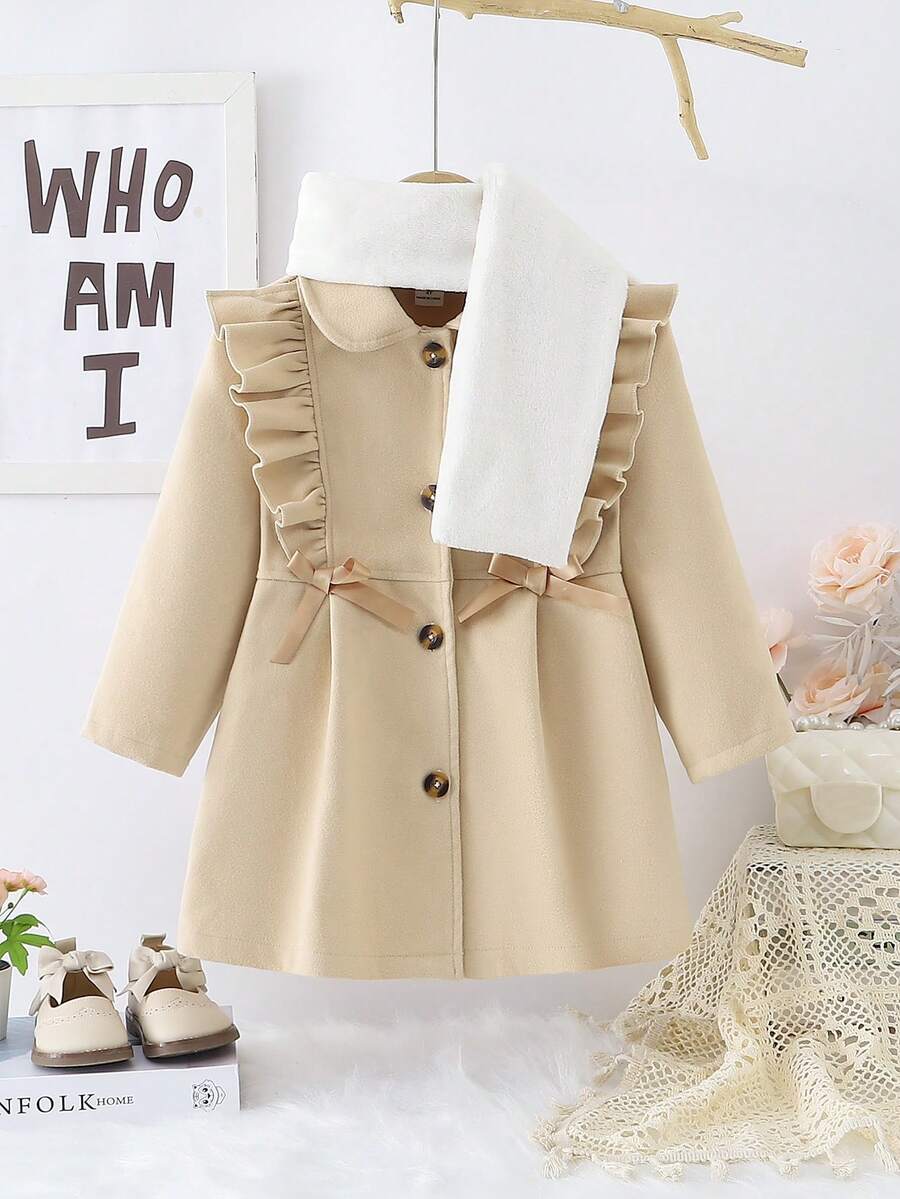 SHEIN 女小童荷葉邊前蝴蝶結花呢外套&圍巾 - 卡其色 - 查看 1