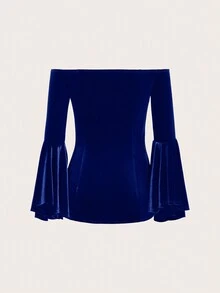 SHEIN Lady 一字肩鐘形袖絲絨T恤 - 寶藍色 - 查看 5