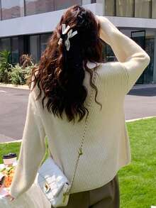 Alicedudu 素色落肩袖套頭毛衣 - 米色 - 查看 2