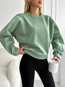 EURMUSE Women's Solid Color Round Neck Drop Shoulder Long Sleeve Casual Loose Sweatshirt - Green - View 6