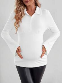 SHEIN Thai sản Chuông Có màu sắc Sọc Áo thun Với Vòng cổ - trắng - Xem 5