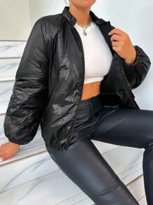 SHEIN Unity 拉链插肩袖衬垫大衣 - 黑色 - 查看 3